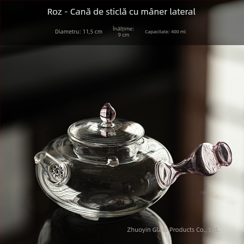 Ceainic din sticlă borosilikat de înaltă rezistență, mâner lateral, protecție anti-arzire, pentru flacară deschisă — set de ceai japonez Kung Fu