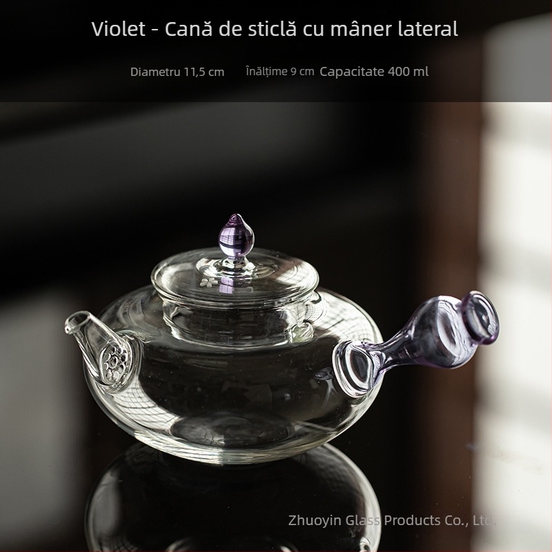 Ceainic din sticlă borosilikat de înaltă rezistență, mâner lateral, protecție anti-arzire, pentru flacară deschisă — set de ceai japonez Kung Fu