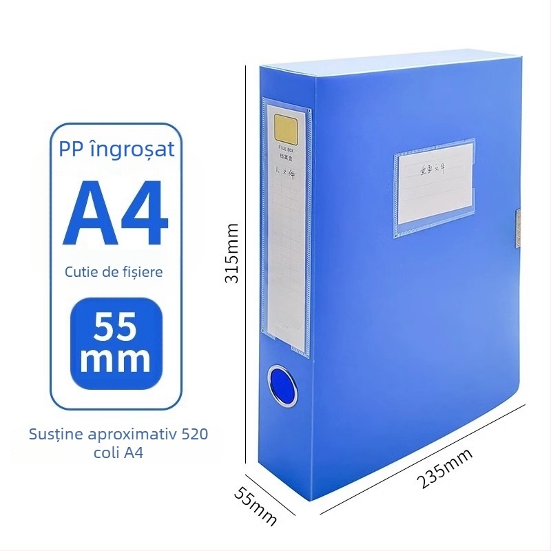 Cutie de fișiere A4 îmbunătățită, 55 mm, cutie din plastic pentru documente și foi de test