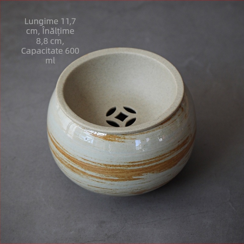 Set de accesorii pentru ceremonia ceaiului, din ceramică brută, lucrat manual, cu capac: vas de apă, coș pentru resturi de ceai, ceașcă de spălat ceai, vas de clătire și perie de curățare