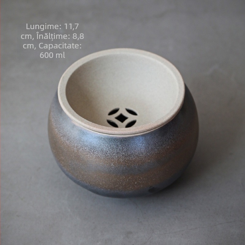 Set de accesorii pentru ceremonia ceaiului, din ceramică brută, lucrat manual, cu capac: vas de apă, coș pentru resturi de ceai, ceașcă de spălat ceai, vas de clătire și perie de curățare