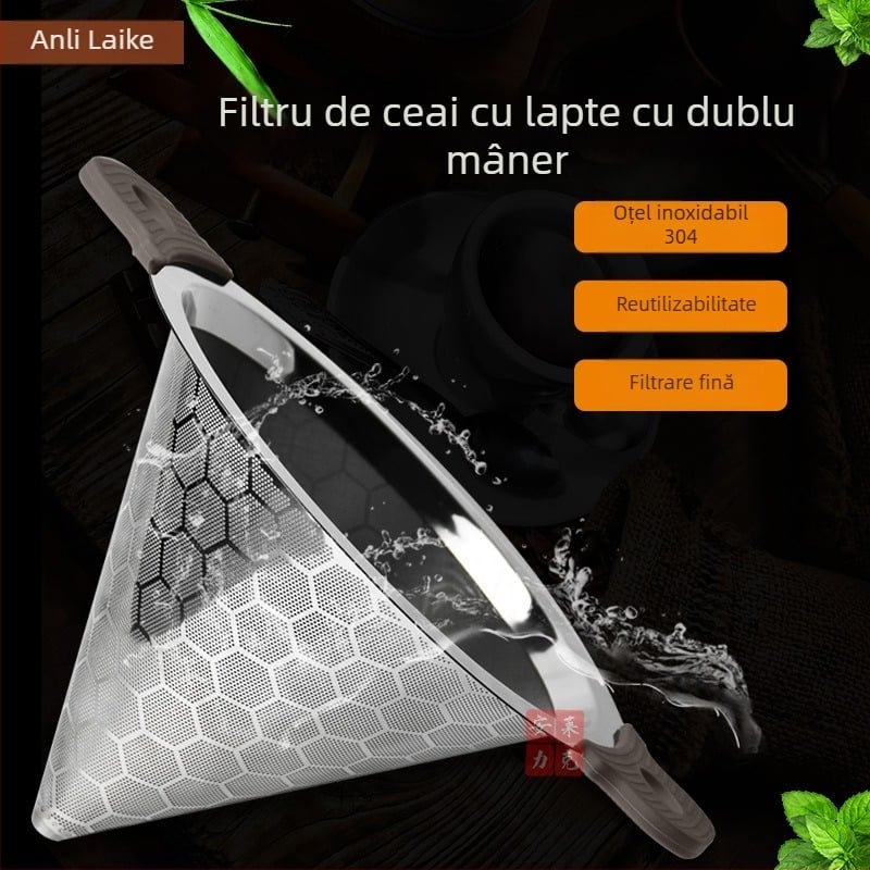 Filtru de ceai din oțel inoxidabil 304, cu mânere duble, sită fină pentru ceai și cafea