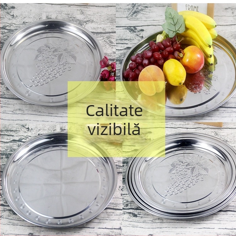 Tavă circulară din oțel inoxidabil pentru fructe, ceai și deserturi — platou de servire mare, suprafață lucioasă