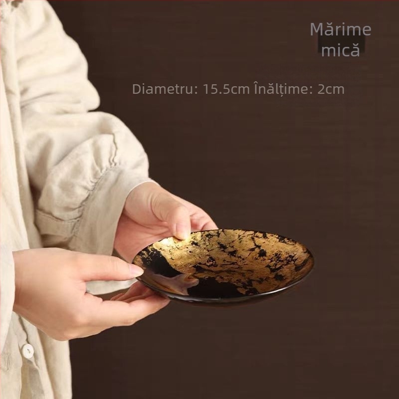 Farfurie de fructe din sticlă negru-auriu și tavă pentru ceai, rotundă, diametre 15–16 cm sau 27–28 cm, stil retro ușor luxos, pentru uz casnic