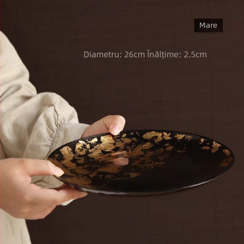 Farfurie de fructe din sticlă negru-auriu și tavă pentru ceai, rotundă, diametre 15–16 cm sau 27–28 cm, stil retro ușor luxos, pentru uz casnic