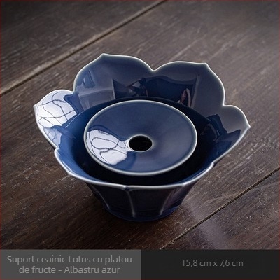 Suport retro pentru ceainic în formă de lotus, tavă ceramică pentru infuzare uscată, cu motiv de fructe albastre; boluri pentru gustări și farfurie delicată de servire ceai pentru uz casnic