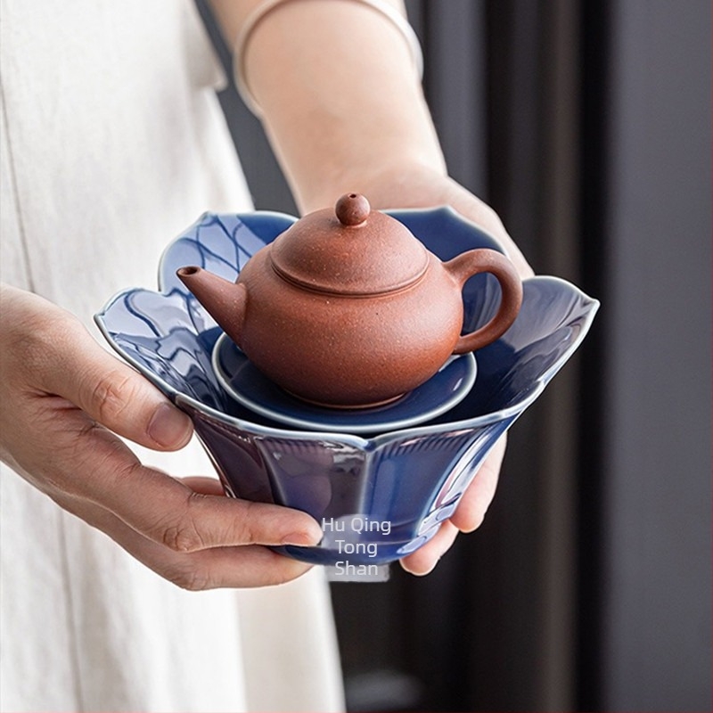 Suport retro pentru ceainic în formă de lotus, tavă ceramică pentru infuzare uscată, cu motiv de fructe albastre; boluri pentru gustări și farfurie delicată de servire ceai pentru uz casnic