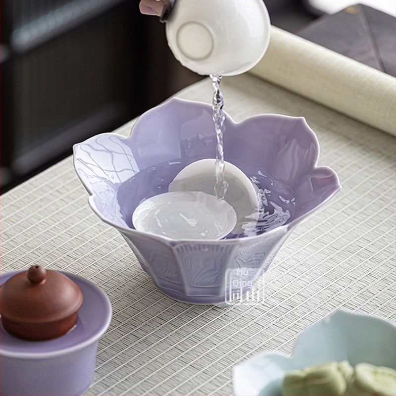 Suport retro pentru ceainic în formă de lotus, tavă ceramică pentru infuzare uscată, cu motiv de fructe albastre; boluri pentru gustări și farfurie delicată de servire ceai pentru uz casnic
