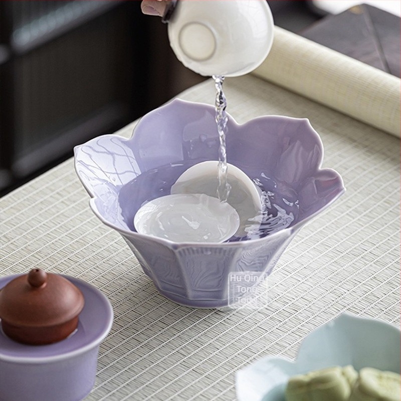 Suport retro pentru ceainic în formă de lotus, tavă ceramică pentru infuzare uscată, cu motiv de fructe albastre; boluri pentru gustări și farfurie delicată de servire ceai pentru uz casnic