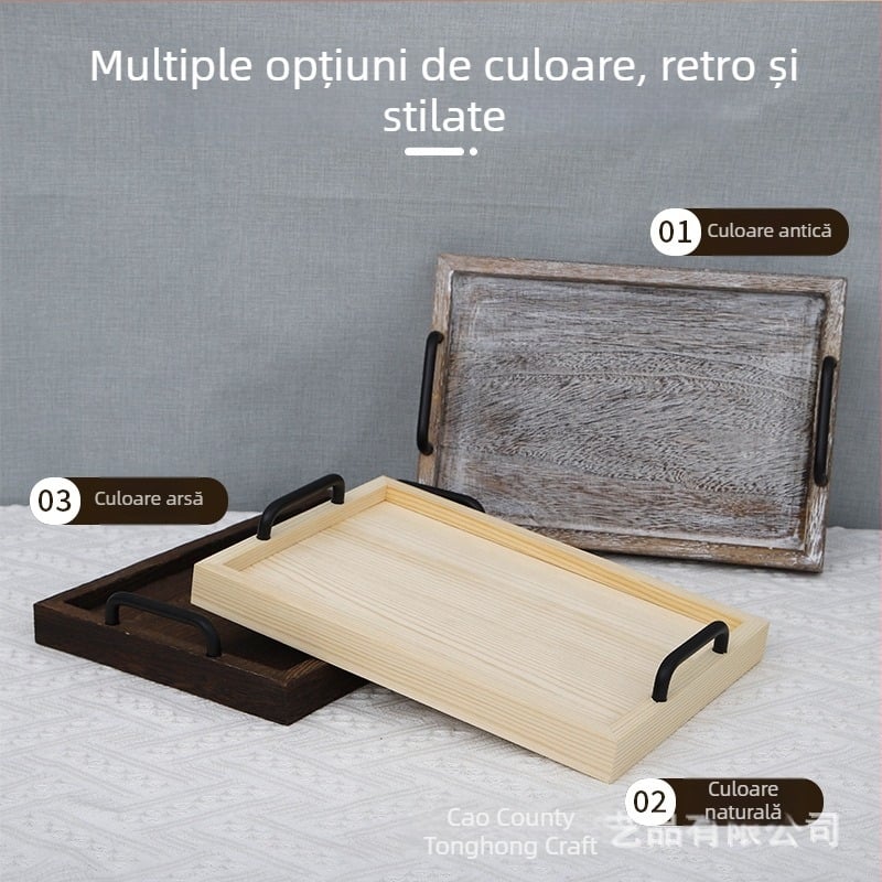 Platou din lemn dreptunghiular cu mâner, stil retro japonez, pentru pâine și ceai
