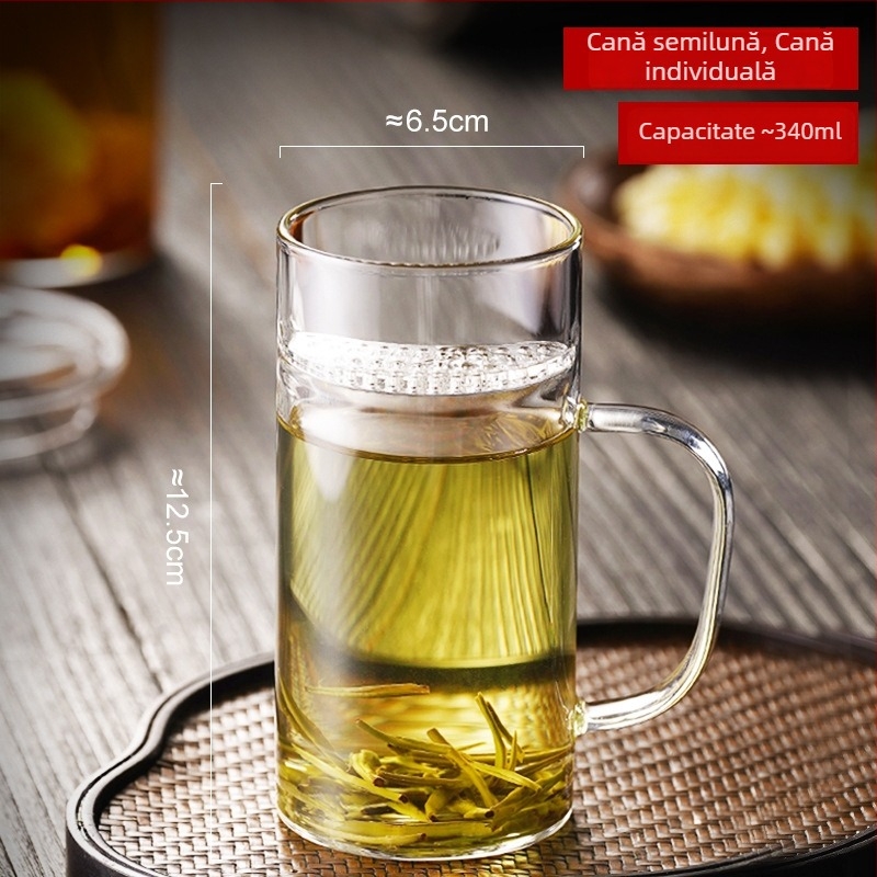 Pahar din sticlă în formă de semilună, capacitate mare, filtru pentru separarea ceaiului de apă, cană cu mâner, rezistent la căldură pentru ceai verde