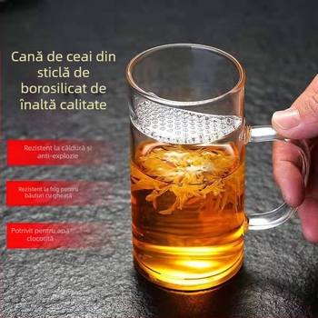 ceașcă de ceai din sticlă cu capac și filtru, concepută pentru infuzarea ceaiului de flori, în formă de semilună, pentru birou și acasă