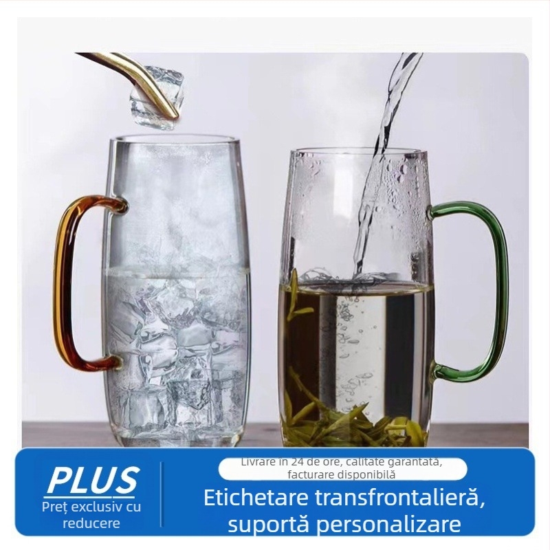 Ceșă de ceai din sticlă borosilikat, cu mâner solid, rezistentă la temperatură, pentru ceai verde, birou