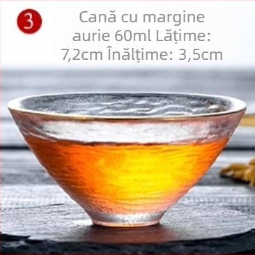 Set Gongfu din sticlă cu cești mici de degustare – transparent, rezistent la căldură, margine aurie și model ciocănit
