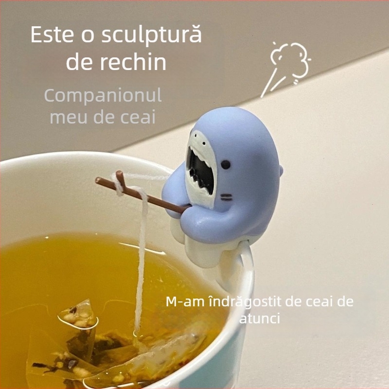 Infuzor de ceai în formă de rechin, cu suport pentru pliculețe de ceai și agățare la margine