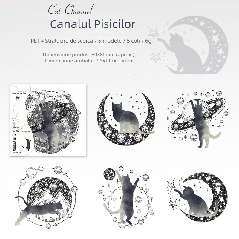 Seria Pisicuțe Cosmice: Autocolante lucioase cu scoică – 5 foi pentru jurnal, 6 modele