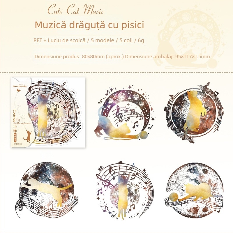 Seria Pisicuțe Cosmice: Autocolante lucioase cu scoică – 5 foi pentru jurnal, 6 modele