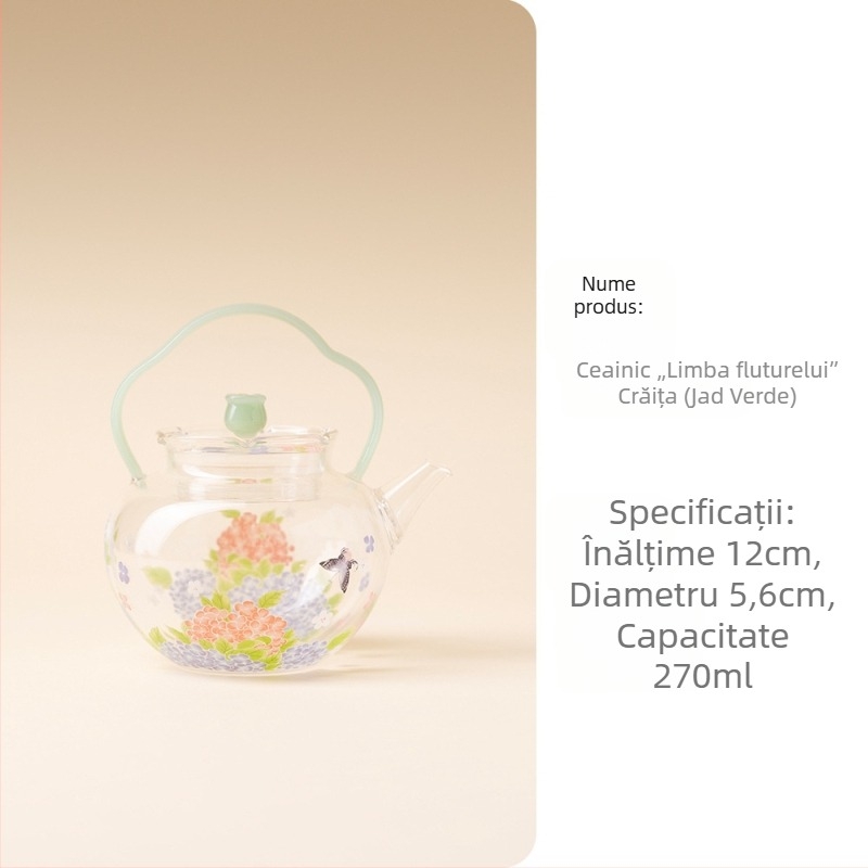 Ceainic cu mâner, din sticlă borosilicat rezistentă la căldură, pentru uz casnic, set: 1 ceainic și 2 cești, design floral