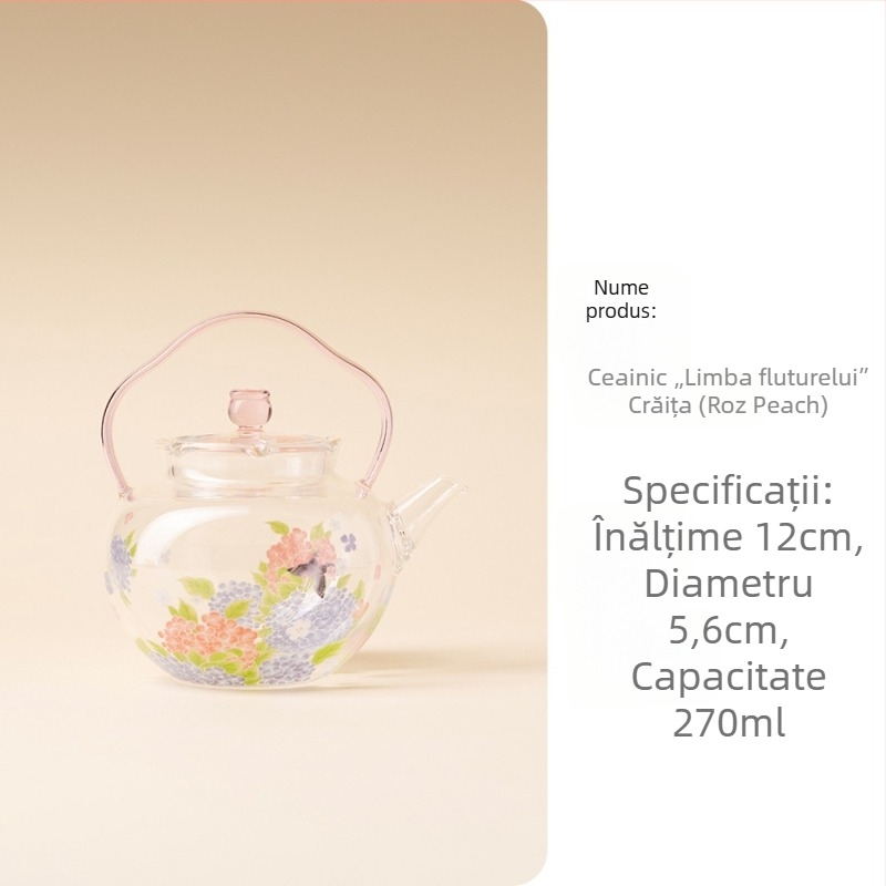 Ceainic cu mâner, din sticlă borosilicat rezistentă la căldură, pentru uz casnic, set: 1 ceainic și 2 cești, design floral