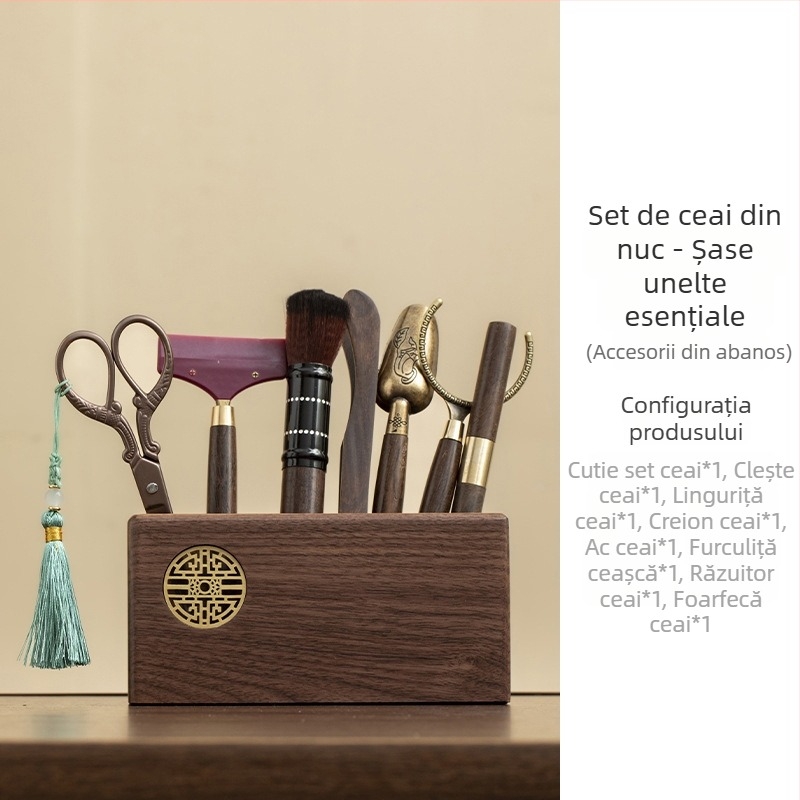 Set pentru ceremonie de ceai din lemn de nuc – Șase domni ai ceremoniei ceaiului, set Kung Fu cu accesorii și unelte: foarfece pentru ceai, clipsuri pentru ceai, perie, lingură pentru ceai, cuțit pentru ceai, răzuitor