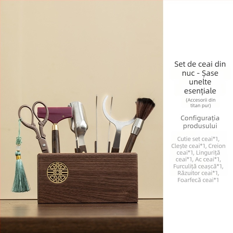 Set pentru ceremonie de ceai din lemn de nuc – Șase domni ai ceremoniei ceaiului, set Kung Fu cu accesorii și unelte: foarfece pentru ceai, clipsuri pentru ceai, perie, lingură pentru ceai, cuțit pentru ceai, răzuitor