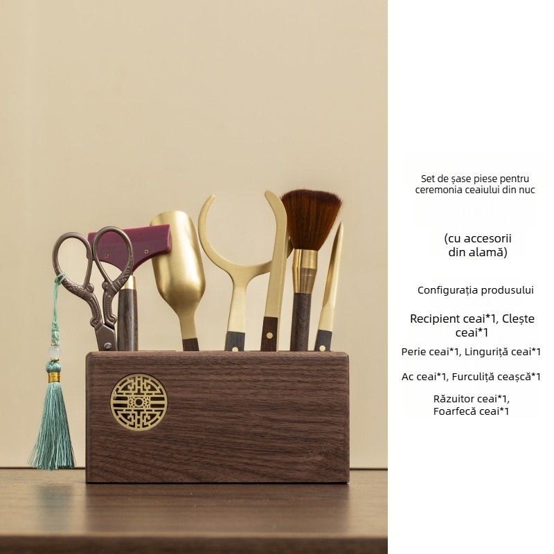 Set pentru ceremonie de ceai din lemn de nuc – Șase domni ai ceremoniei ceaiului, set Kung Fu cu accesorii și unelte: foarfece pentru ceai, clipsuri pentru ceai, perie, lingură pentru ceai, cuțit pentru ceai, răzuitor