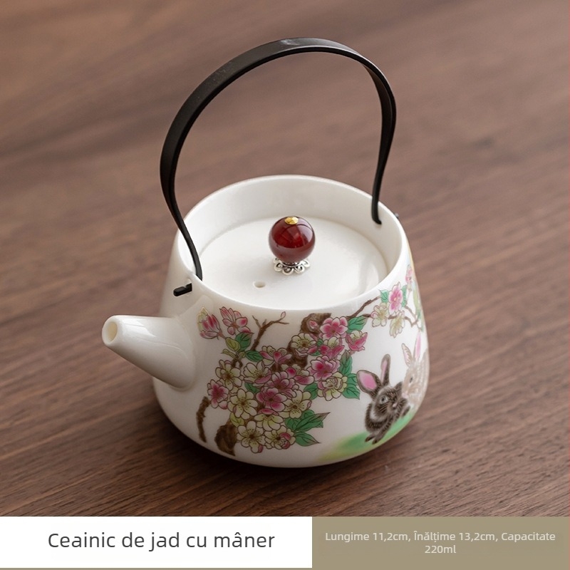 Ceainic din jad și porțelan cu mâner, set Kung Fu pentru ceai, ceainic unic cu bilă filtrantă, ceainic ceramic în formă de iepuraș care nu se încălzește