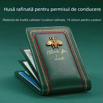 Carcasă din piele pentru permisul de conducere, cu textură de piele naturală, suport mare pentru carduri și documente, unisex