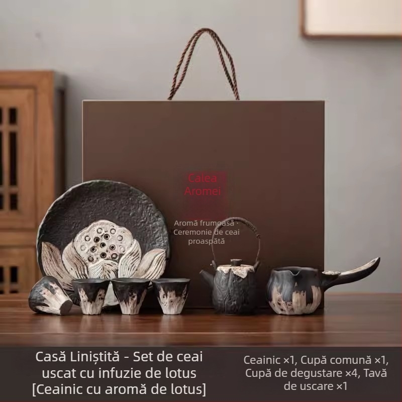 Set de ceai Kung Fu din ceramică handmade, ceainic și cești, în cutie cadou – stil retro luxos
