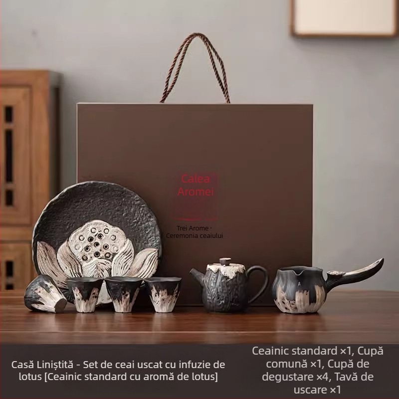 Set de ceai Kung Fu din ceramică handmade, ceainic și cești, în cutie cadou – stil retro luxos