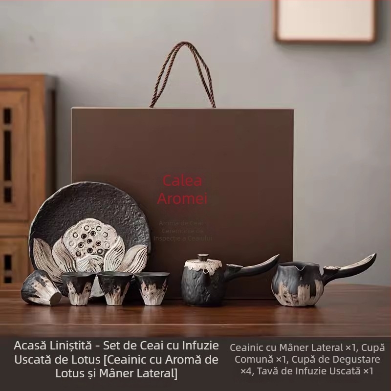 Set de ceai Kung Fu din ceramică handmade, ceainic și cești, în cutie cadou – stil retro luxos