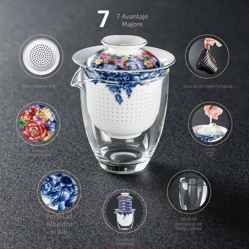 Set Kung Fu de ceai pentru călătorii, ceainic de sticlă portabil, cu un ceainic și treicești pentru camping în aer liber