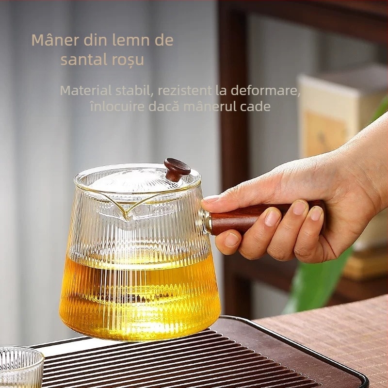 Ceainic din sticlă cu mâner lateral, mâner din lemn rezistent la temperaturi înalte, filtru pentru ceai, set de ceai pentru plita electrică ceramică