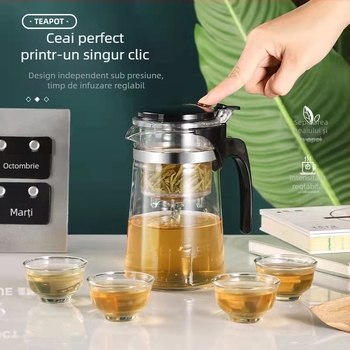 Ceainic din sticlă rezistentă la temperaturi, cu infuzor demontabil și filtru, portabil pentru uz casnic
