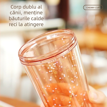 Pahar cu pai, în stil coreean, capac în formă de petală, design floare de cireș, din plastic, portabil pentru ceai cu lapte
