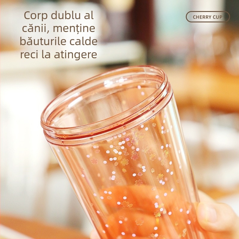 Pahar cu pai, în stil coreean, capac în formă de petală, design floare de cireș, din plastic, portabil pentru ceai cu lapte