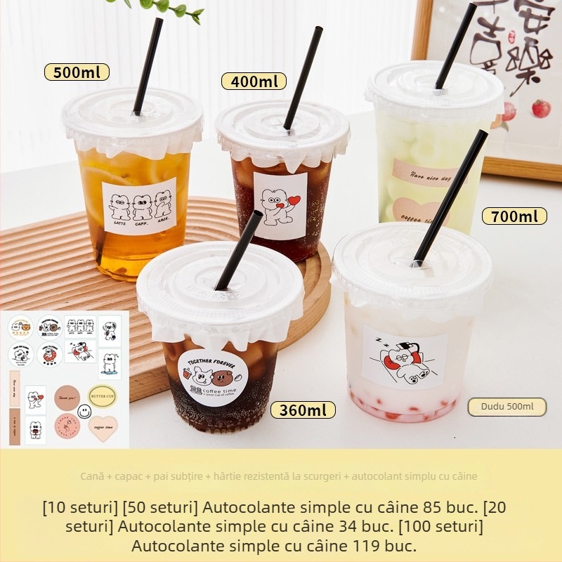 Cană transparentă din plastic pentru ceai cu lapte, cu capac, pentru băuturi reci