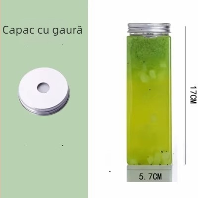 Sticlă plastic de unică folosință pentru băuturi, cu orificiu pentru pai, capacitate 401–500 ml, potrivită pentru ceai cu lapte, ceai de fructe și milkshake