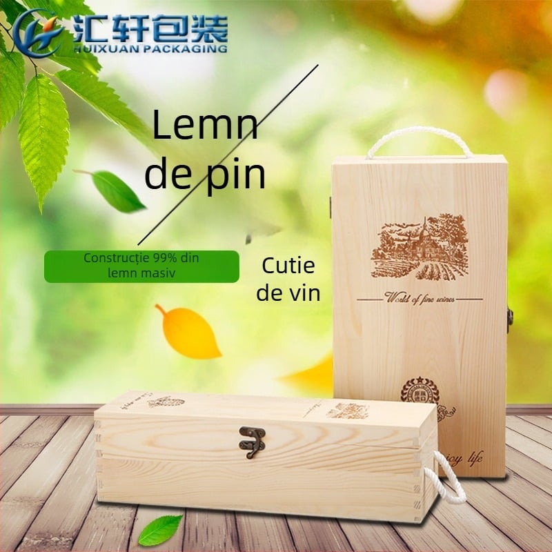 Cutie din lemn de pin pentru vin, 1–2 sticle, cutie cadou cu mâner