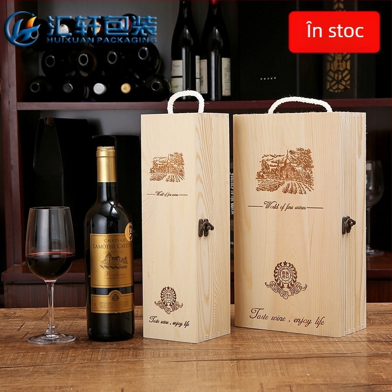 Cutie din lemn de pin pentru vin, 1–2 sticle, cutie cadou cu mâner
