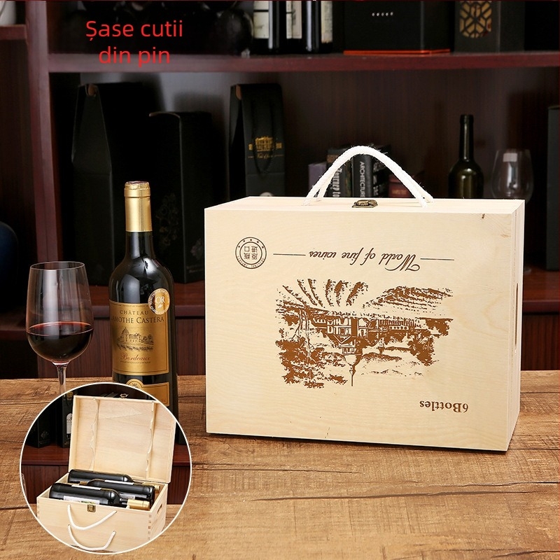 Cutie din lemn de pin pentru vin, 1–2 sticle, cutie cadou cu mâner