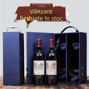 Cutie cadou din piele PU pentru două sticle de vin, cu bază MDF, accesorii pentru vin incluse