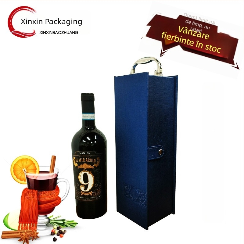 Cutie cadou din piele PU pentru două sticle de vin, cu bază MDF, accesorii pentru vin incluse