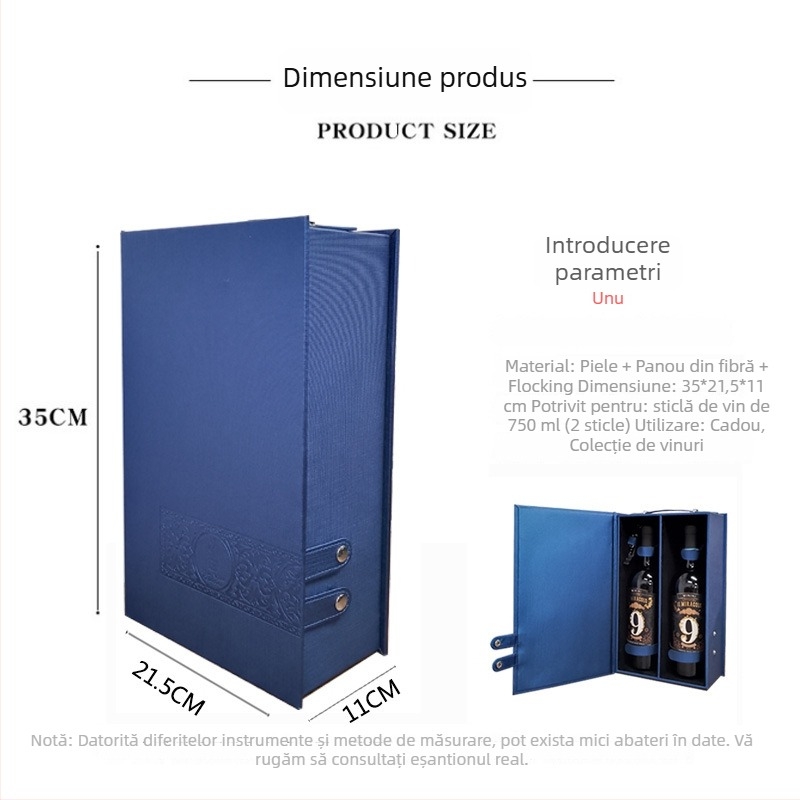 Cutie cadou din piele PU pentru două sticle de vin, cu bază MDF, accesorii pentru vin incluse