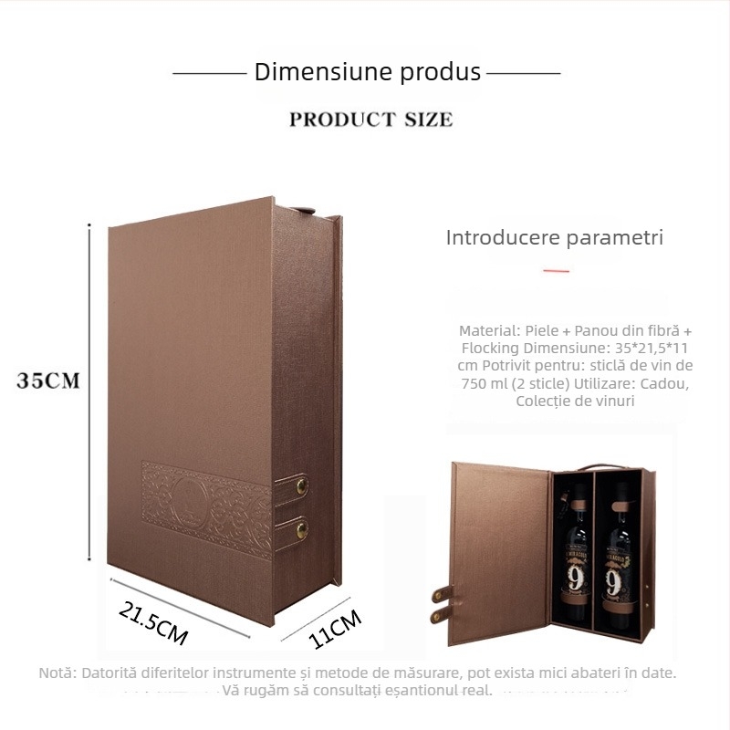 Cutie cadou din piele PU pentru două sticle de vin, cu bază MDF, accesorii pentru vin incluse