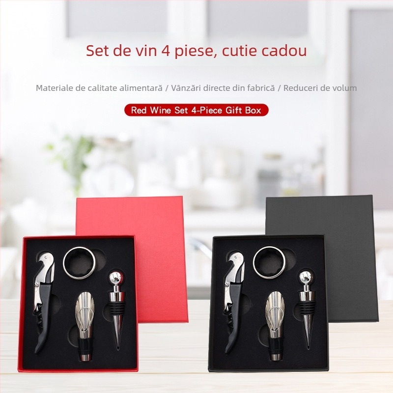 Set premium de instrumente pentru vin într-o cutie cadou — deschizător, pourer, dop, inel de picurare, oțel inoxidabil
