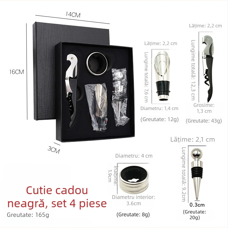 Set premium de instrumente pentru vin într-o cutie cadou — deschizător, pourer, dop, inel de picurare, oțel inoxidabil