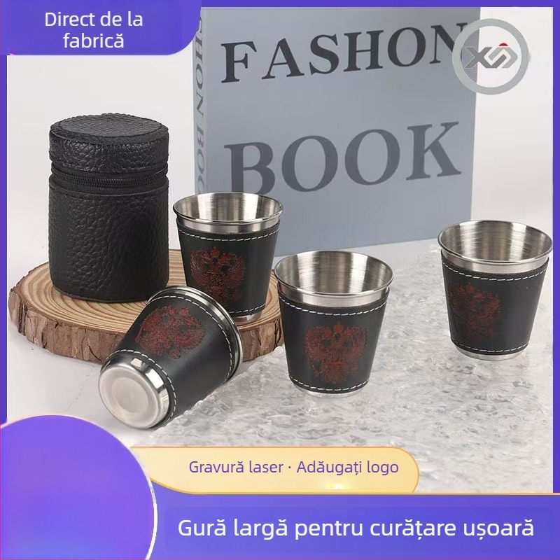 Set de patru pahare din oțel inoxidabil, cu husă cu fermoar, capacități de 30/70/170 ml, pentru camping în aer liber