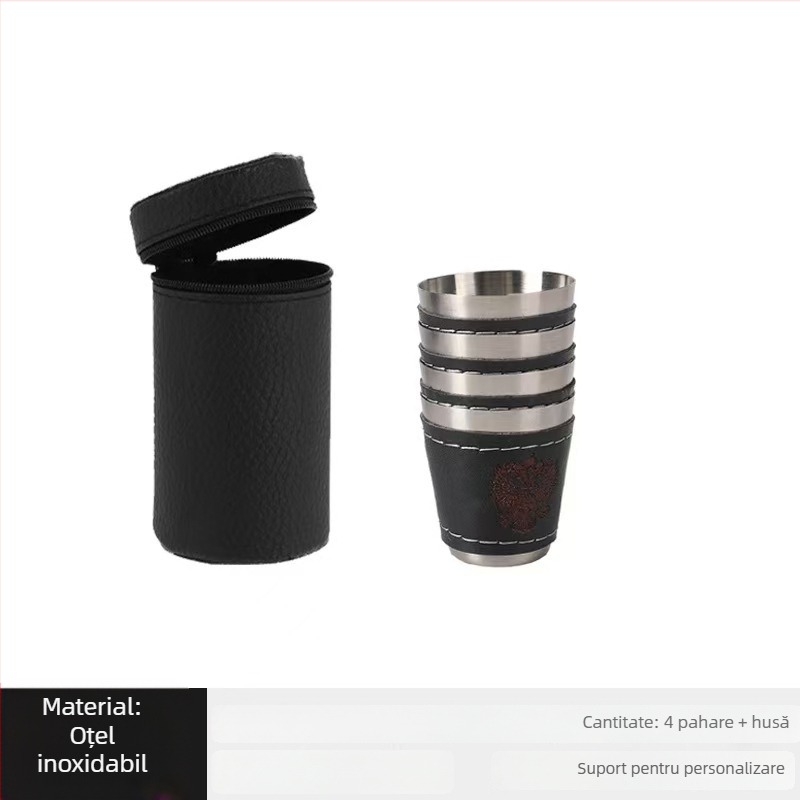 Set de patru pahare din oțel inoxidabil, cu husă cu fermoar, capacități de 30/70/170 ml, pentru camping în aer liber