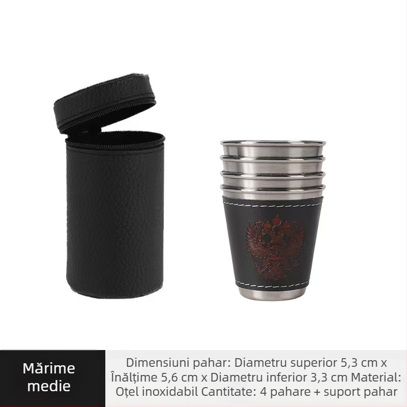 Set de patru pahare din oțel inoxidabil, cu husă cu fermoar, capacități de 30/70/170 ml, pentru camping în aer liber